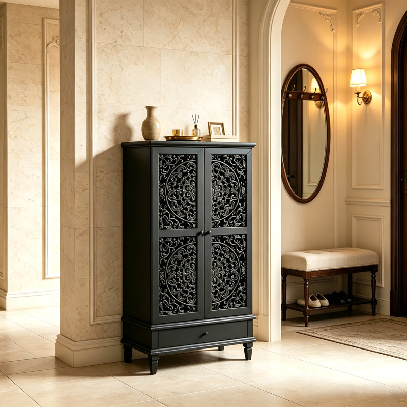 55'' Tall Storage Cabinet with Drawer, Decorative 2-Door Carved Wood Accent Cabinet with Solid Wood Legs, Black