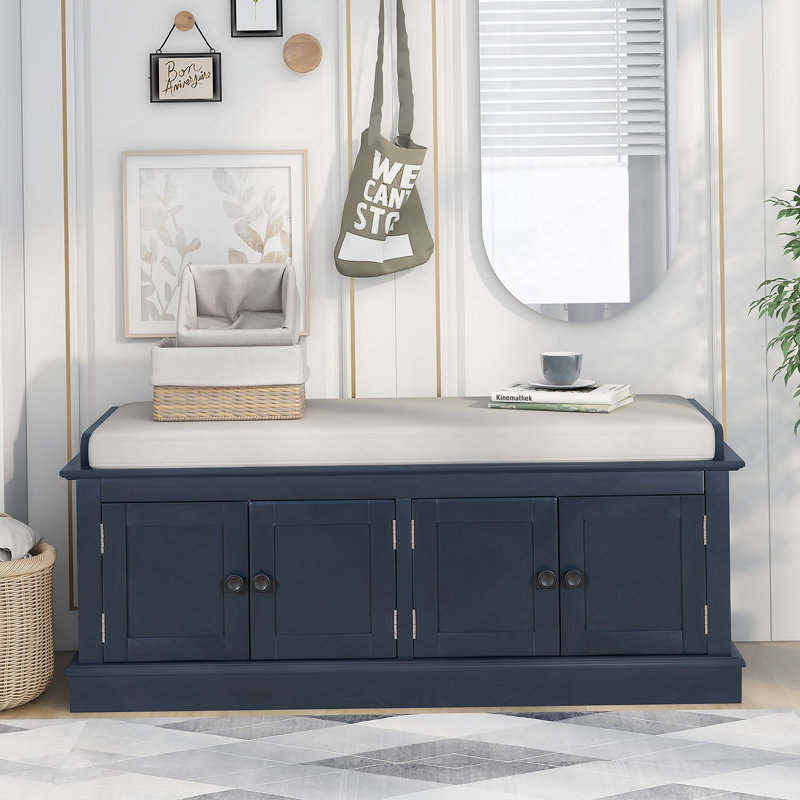 Banc de rangement avec tablettes réglables, banc à chaussures avec coussin amovible, Bleu marine antique