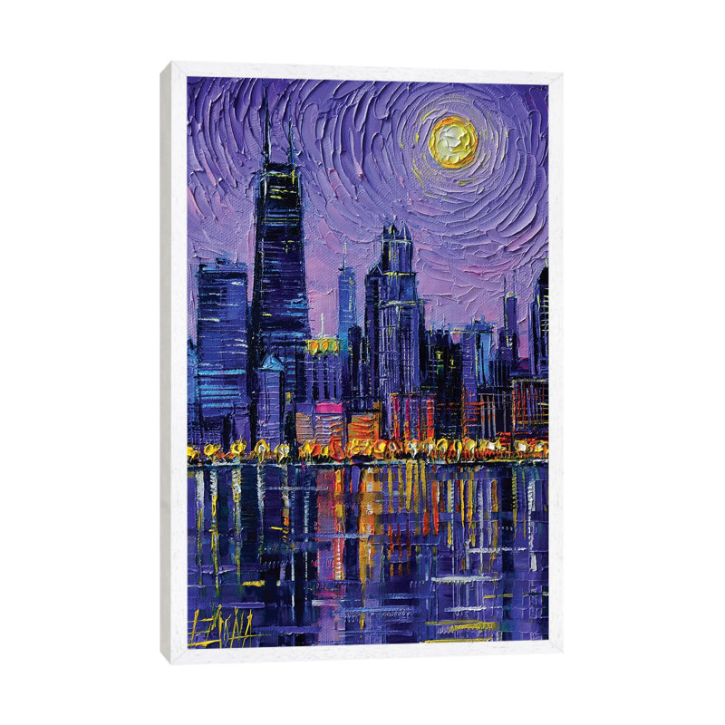 Chicago Skyline 1 Piece Painting on Canvas, 66.04cm H x 45.72cm W x 3.81cm D, White Framed