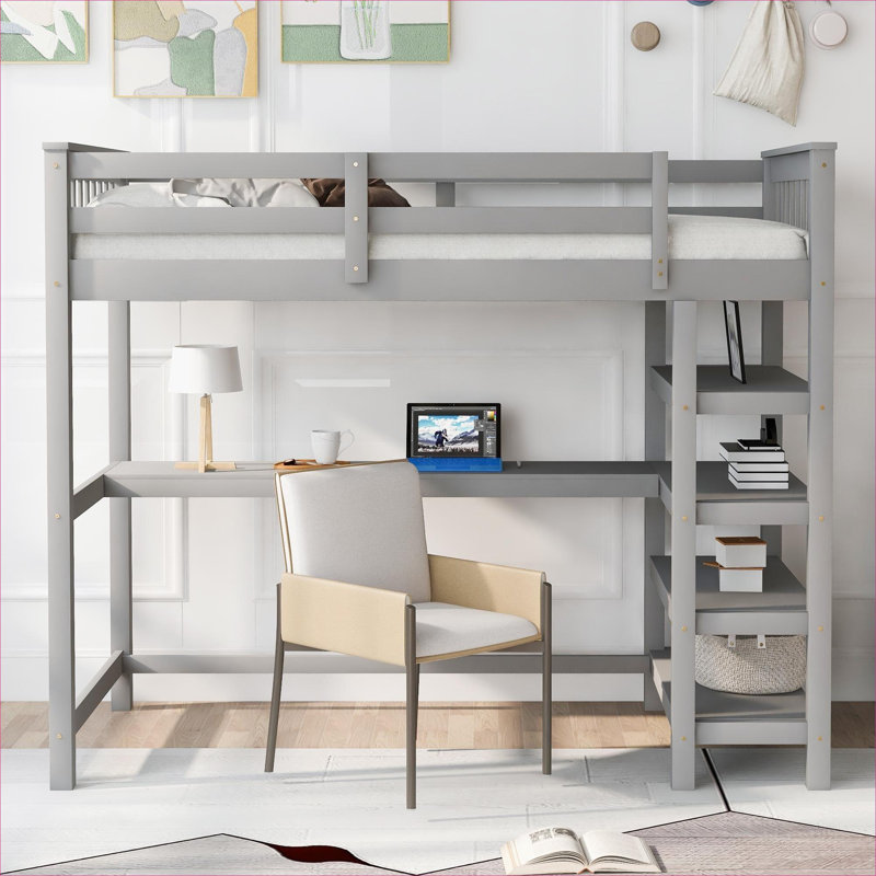 Soft gray twin size storage loft bed compact solid pine frame with built-in multi-functional shelves for small bedrooms