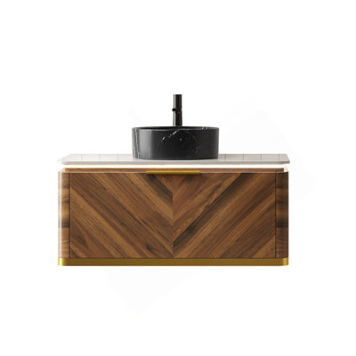 Meuble-lavabo et évier de salle de bain DIPA, armoire de rangement en contreplaqué flottant, tiroirs avec poignée et capteur de lumière, vasque en céramique à motif de pierre noire et plateau en pierre frittée, pré-assemblé, couleur grain de bois noyer foncé