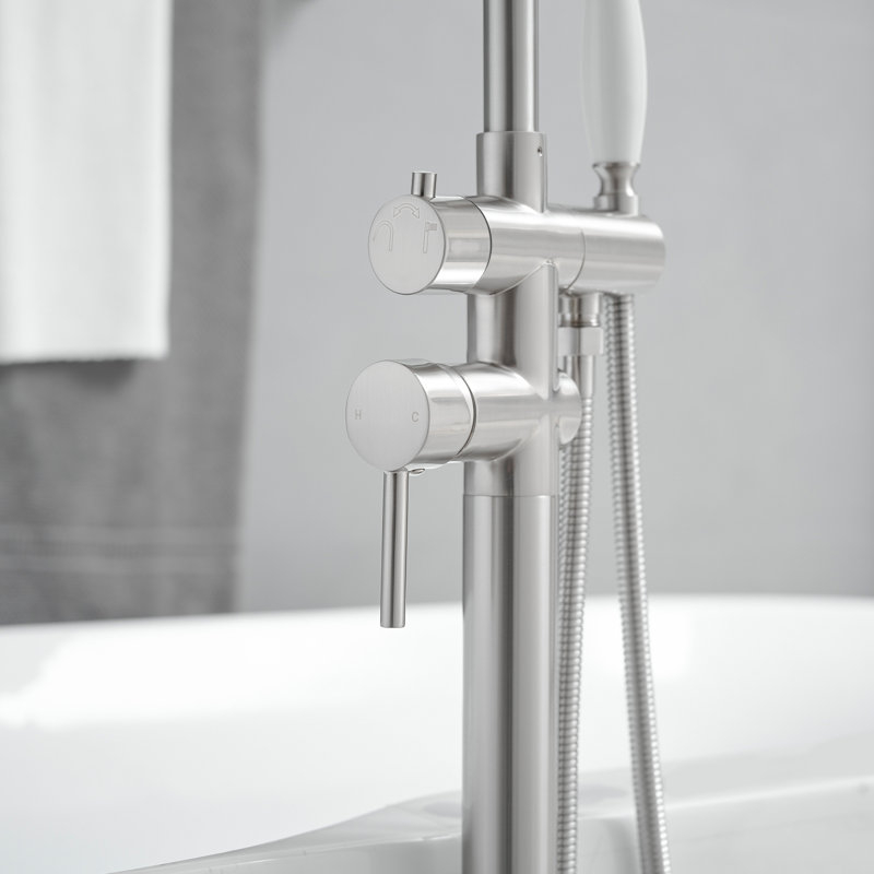 Robinet de baignoire romaine fixé au sol avec douche à main et poignée simple, Nickel brossé