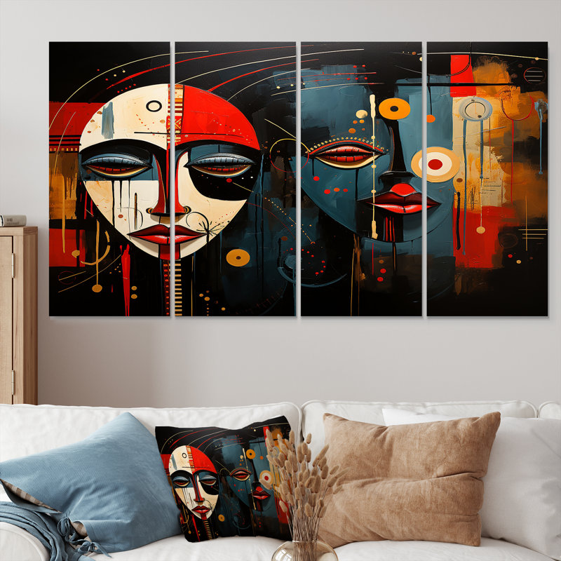 4 pièces d'art moderne déco en rouge, bleu et noir - Masque africain pour le salon, H 32 po x l 64 po