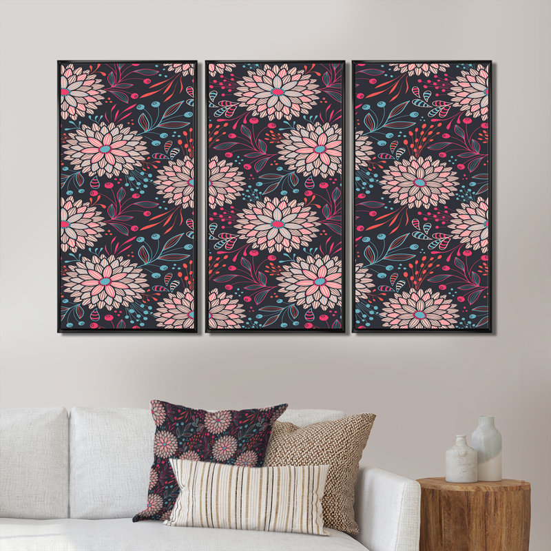 Fleurs abstraites roses - ensemble de 3 reproductions d'art encadrées sur toile, H 28 po x l 36 po x P 1 po, Cadre noir