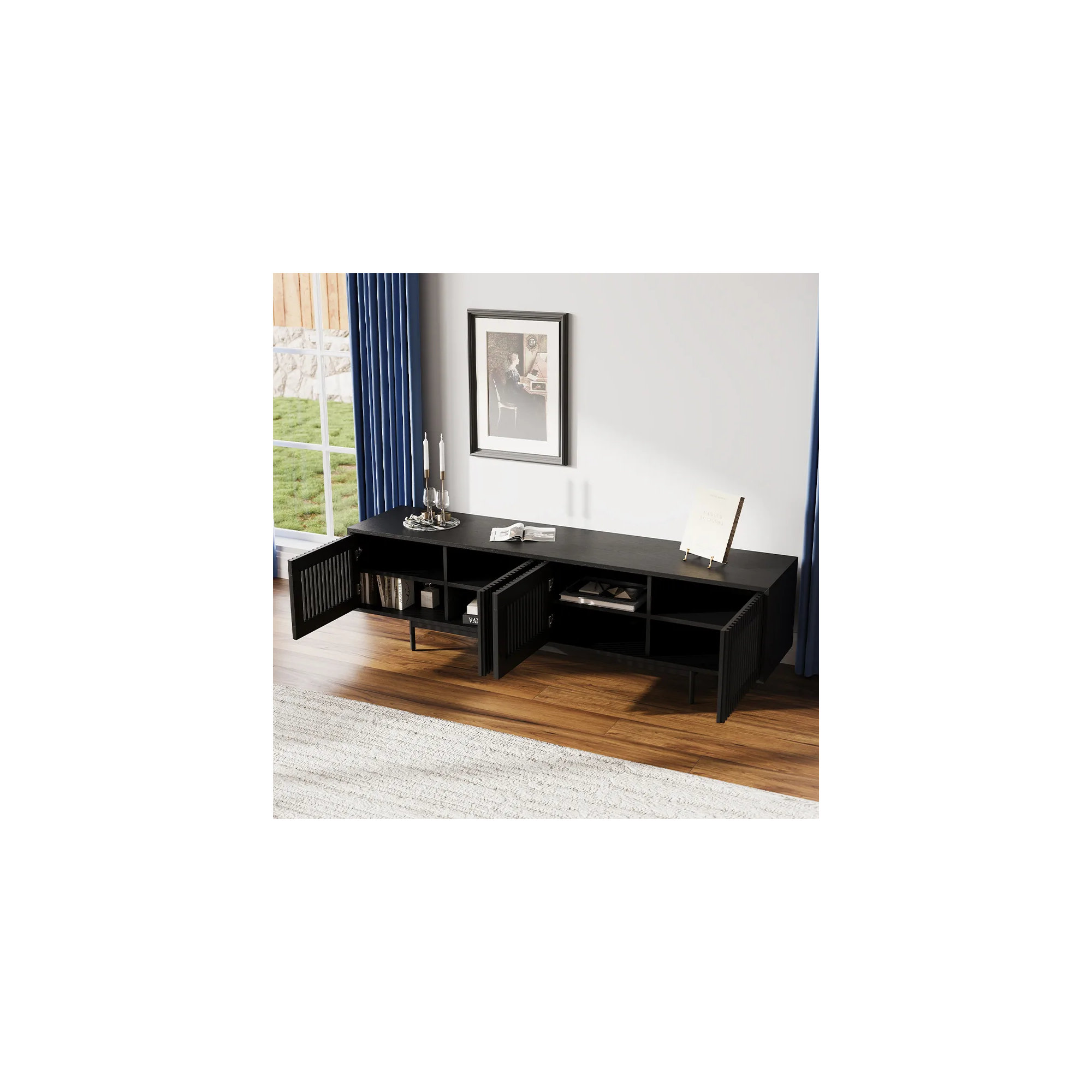 Mid-Century Modern TV Stand, 21.26" H x 78.74" W x 18.89" D, Black
