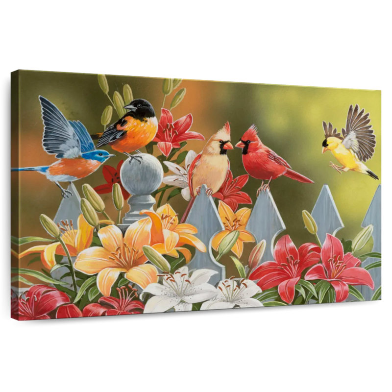 Brampt Backyard Birds With Daylilies, 24" H x 36" W