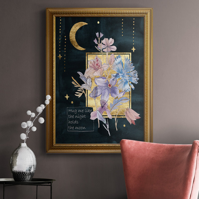 " Moonlight Flowers III ", 27" H x 18" W x 2.5" D, Vintage Gold Bronze Framed Canvas