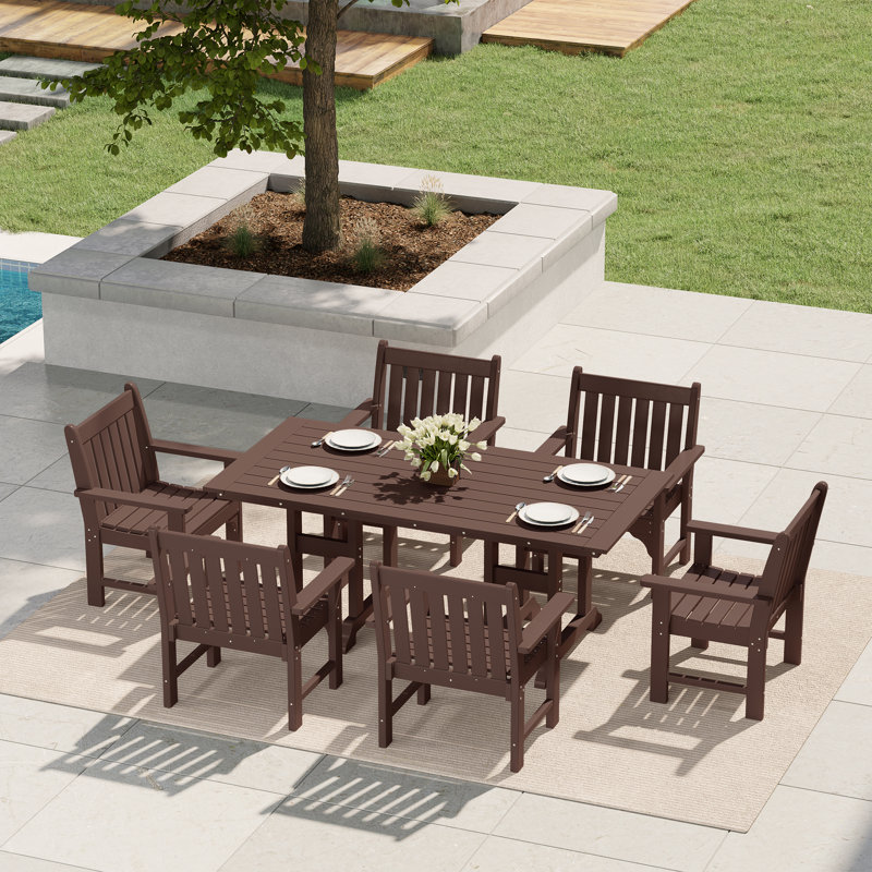 Laguna Poly 7-Piece Rectangular Table Garden Arm Chair Dining Set, Dark Brown