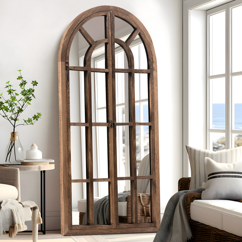 Apolinaras 71" H 31" W Arch Window Pane Wood Full Length Mirror, Charcoal, 1