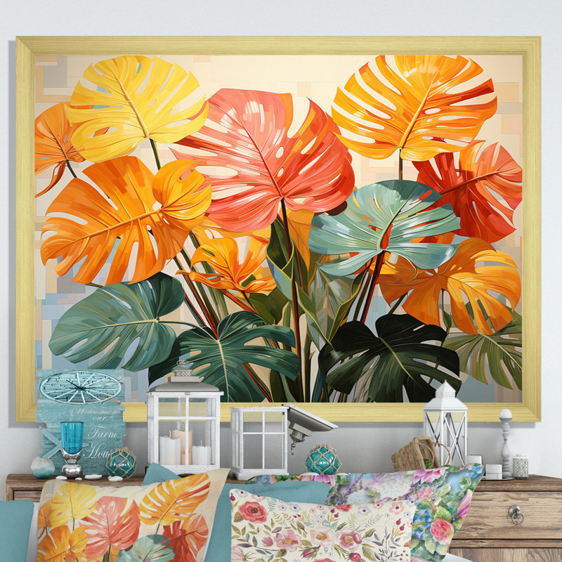 «Orange Green Tropical Plants I» sur toile, H 24 po x l 32 po x P 1 po, Encadrement doré