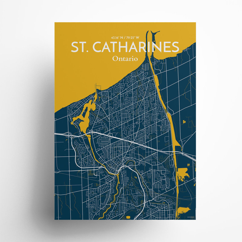 St. Catharines City Map, impression, H 27,6 po x l 19,7 po, Bleu / Jaune