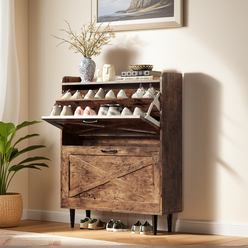 Armoire à chaussures 2 portes 1 porte de grange en mélamine gaufrée 31,6 po, Bois patiné