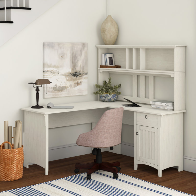 Crédence en L avec rehausse Khadesha, Blanc antique