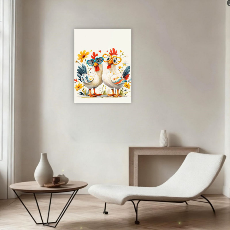 «Cute Chicken Couple», art mural sur toile sans cadre 24 po x 36 po