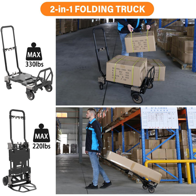 2-In-1 Folding Hand Truck Dolly Cart With 330 Lbs Capacity - Retractable Handle, Convertible Design