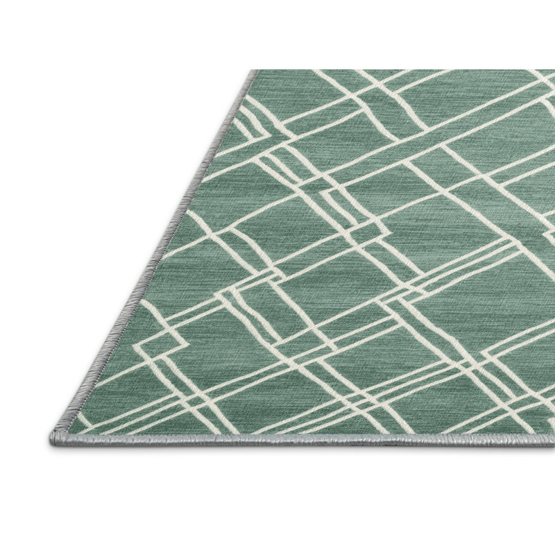 Machine Washable Trellis Green Area Rug, Runner 2' x 5'