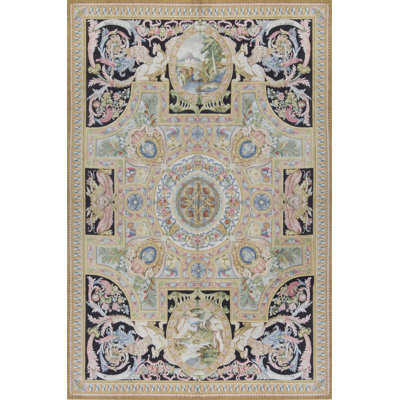 Tapis ivoire et noir noué à la main de haute qualité