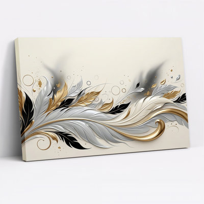 Tableau sur toile à motif abstrait de plumes noires, dorées et argentées