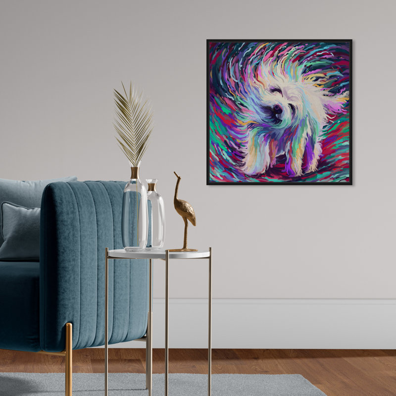 Colorful White Dog Rainbow Swirls Print by Oliver Gal, 21" H x 21" W, Black Floater Framed