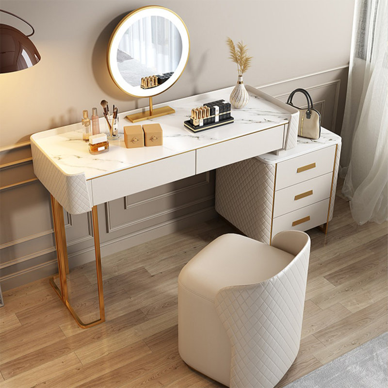 Coiffeuse de maquillage avec miroir lumineux, 5 tiroirs, prise de courant