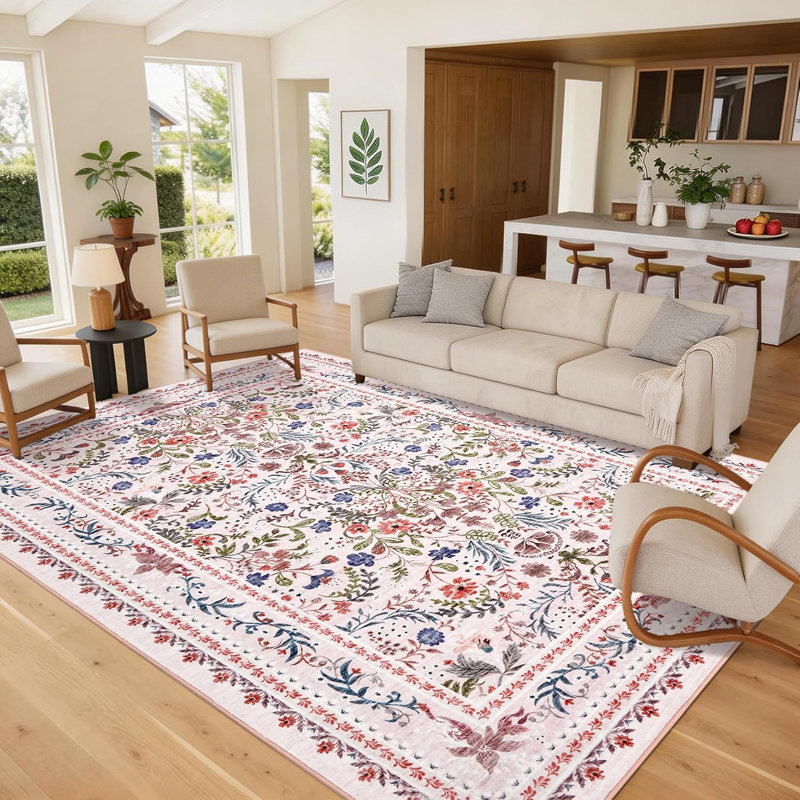 Tapis vintage bohème floral 274 x 366 cm, lavable, rose, antidérapant et résistant aux taches, Rose