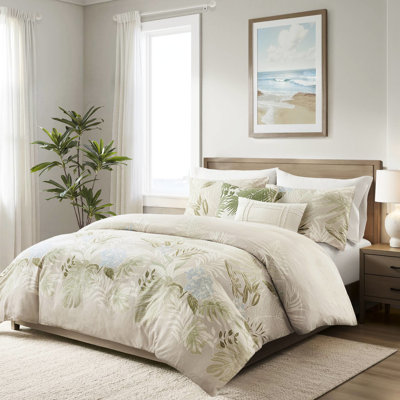 Ensemble de housse de couette et oreiller 100% coton très grand / très grand - conception botanique tropicale, fermeture à glissière cachée, housse lavable à la machine de 5 pièces avec coussins décoratifs pour le bord de mer, imprimé bleu, déla