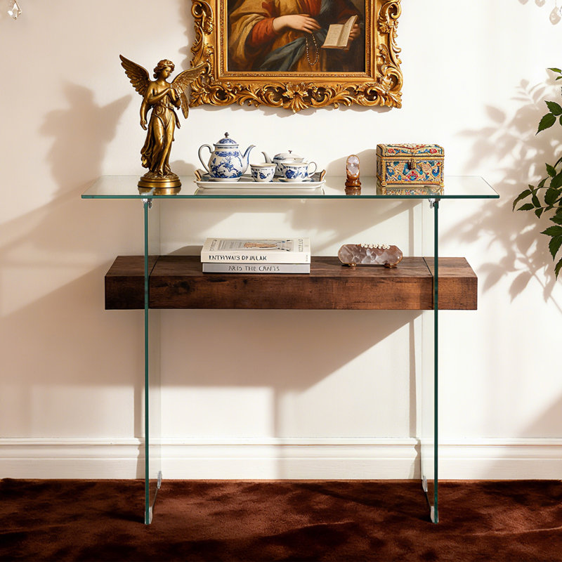 Tempered Glass Console Table with Shelf, Walnut, 31.5"H x 39.4"W x 13.8"D