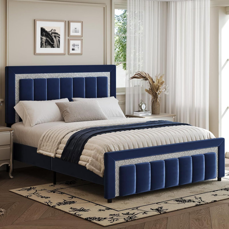 Velvet Upholstered Platform Bed Frame with Vertical stripes Headboard and Footboard and Footboard, Blue, Queen