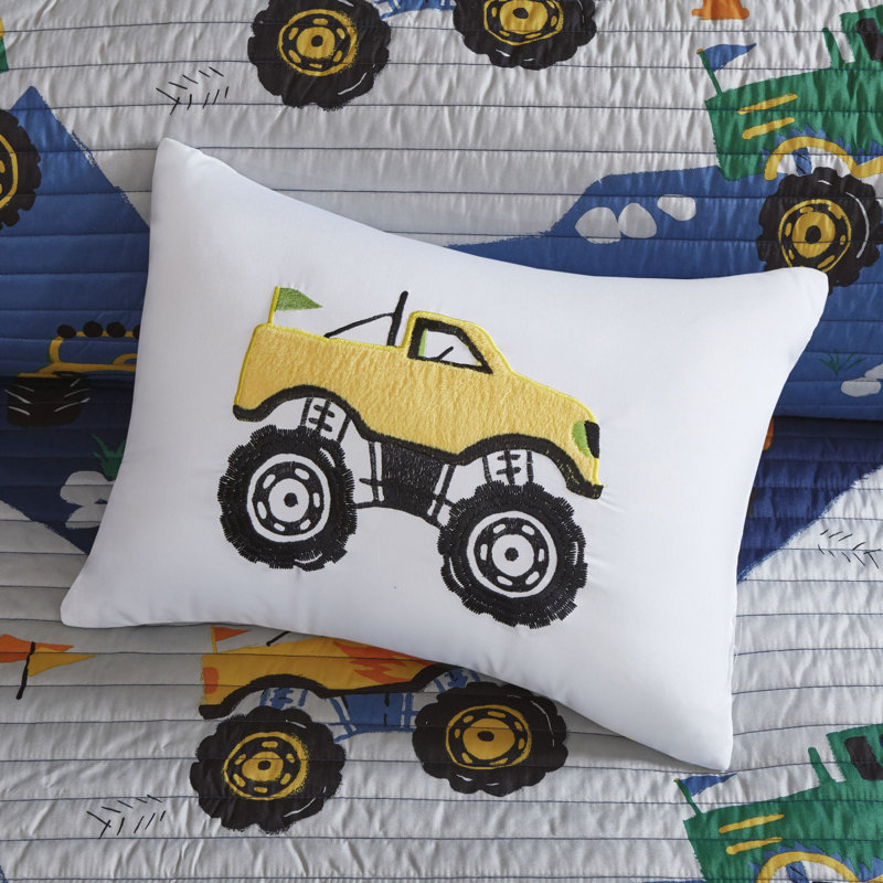 Blue Monster Truck Microfiber Reversible Twin Quilt Set