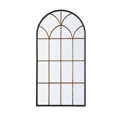 65.5" H x 34" W Full Length Arched Mirror Mdf+Iron Arched Windowpane Design Gold Accents