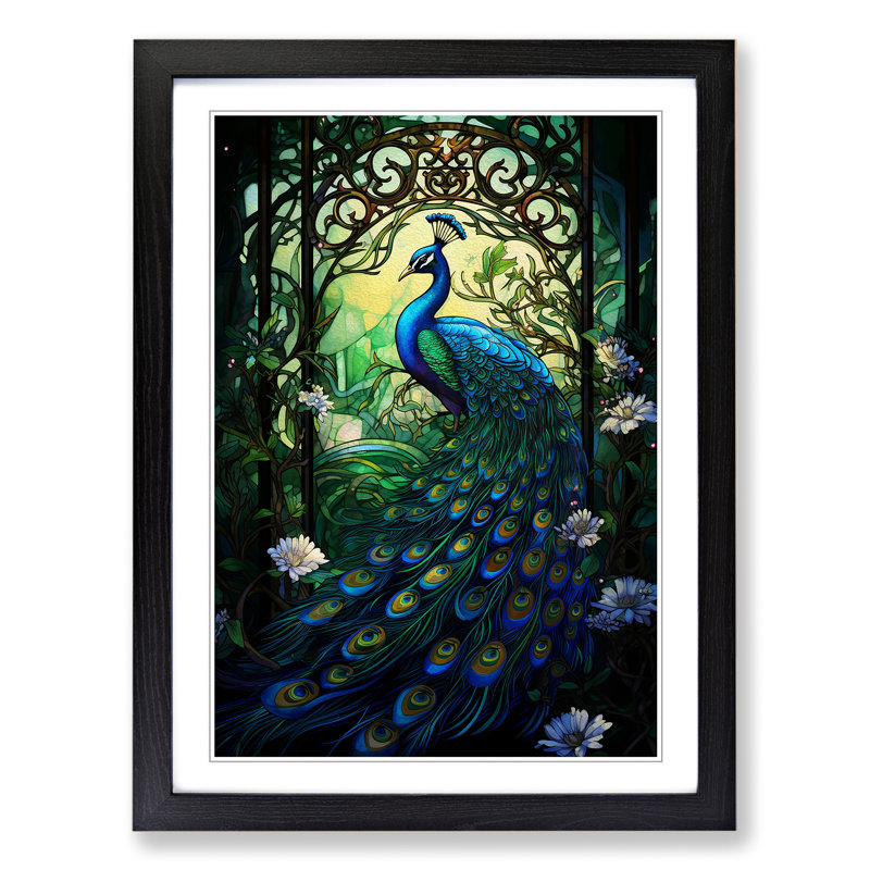 Peacock Nouveau - Single Picture Frame Print on Wood, Black Framed, 34cm H x 25cm W