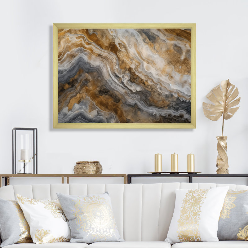 Or et gris effet marbre III Or et gris effet marbre III sur toile, H 12 po x l 20 po x P 1 po, Encadrement doré