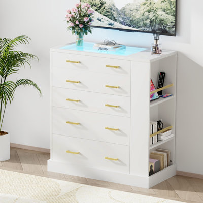 Modern 5 Drawer Dresser with LED Lights & Glass Top, 31.71"W Side Storage Wood Chests of Drawers with Jewelry Organizer, Wardrobe Closet Island for Bedroom, White