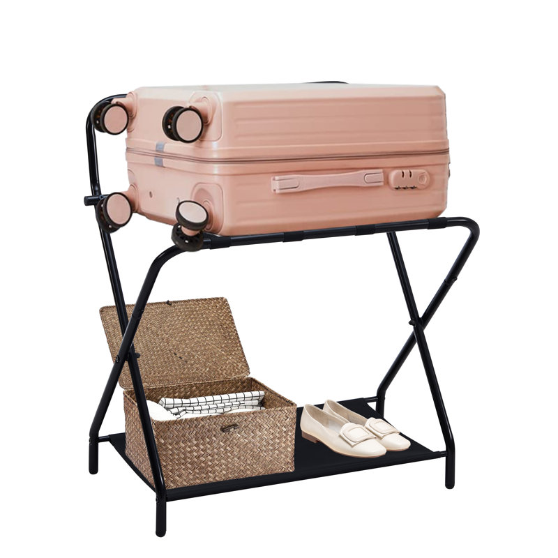 Black Metal Folding Luggage Rack with Fabric Shelf