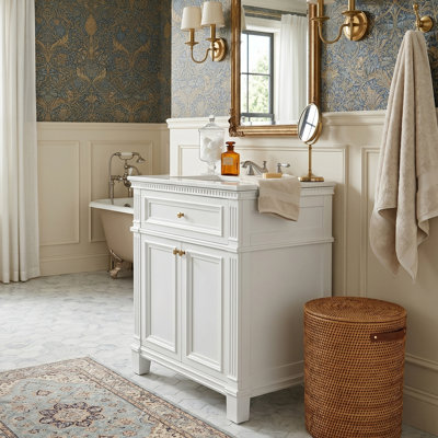 Meuble-lavabo autoportant de 24 po avec lavabo en céramique, armoire de rangement en bois massif avec détails sculptés rétro et tablette réglable, blanc