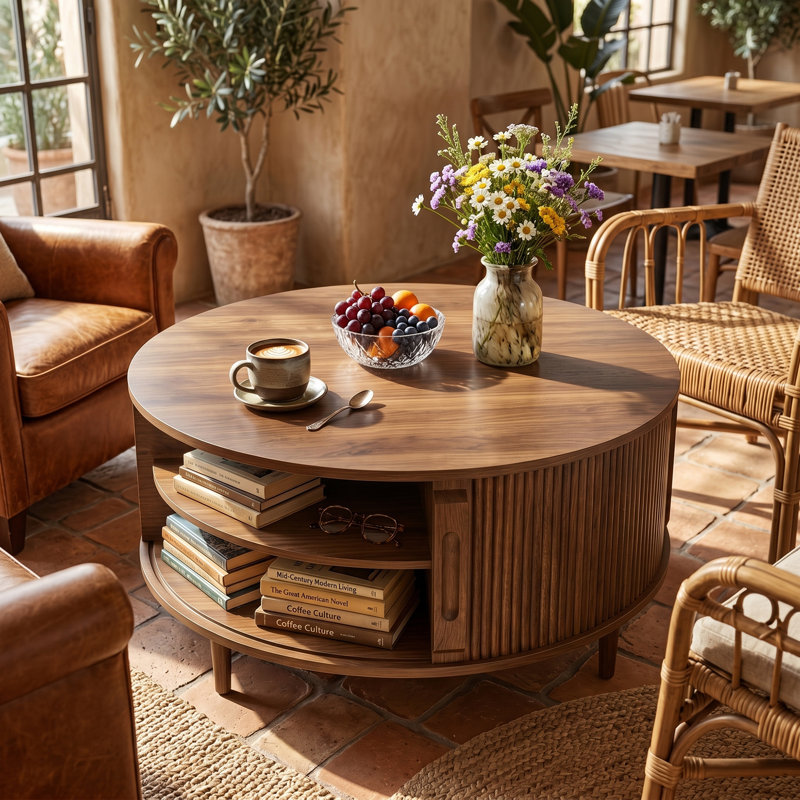 Table basse ronde moderne avec plateau relevable, table basse relevable de 39 po avec compartiment caché et porte coulissante