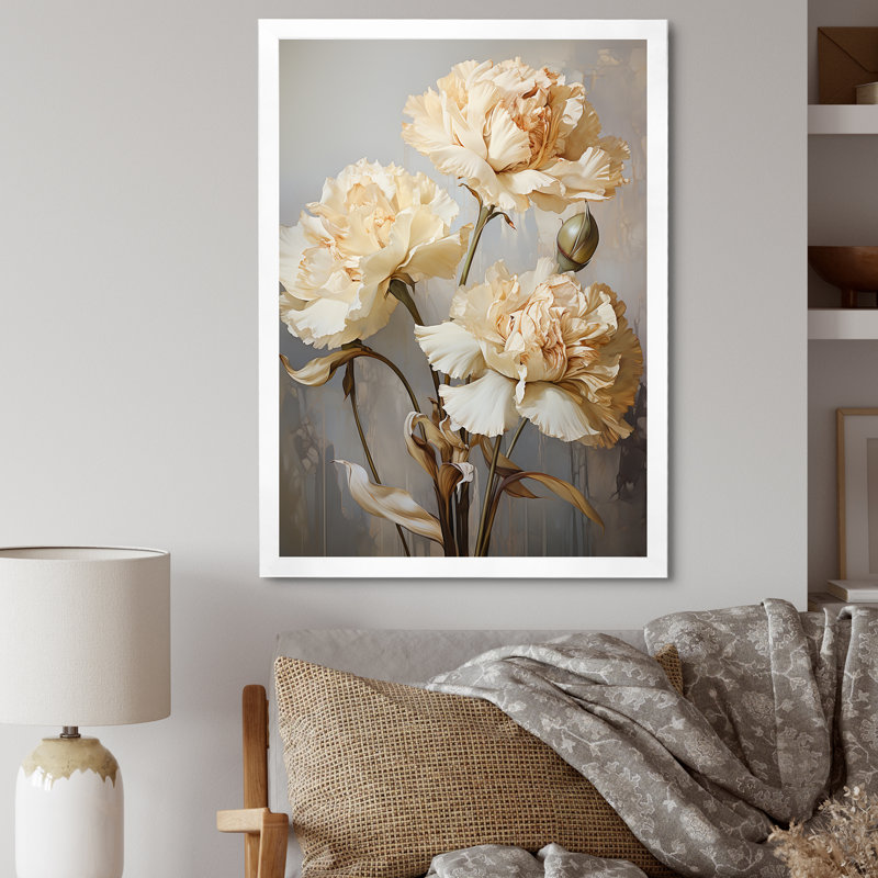 Minimalisme œillets et bourgeon I - reproduction sur toile, Cadre simple blanc, H 40 po x l 30 po x P 1,5 po