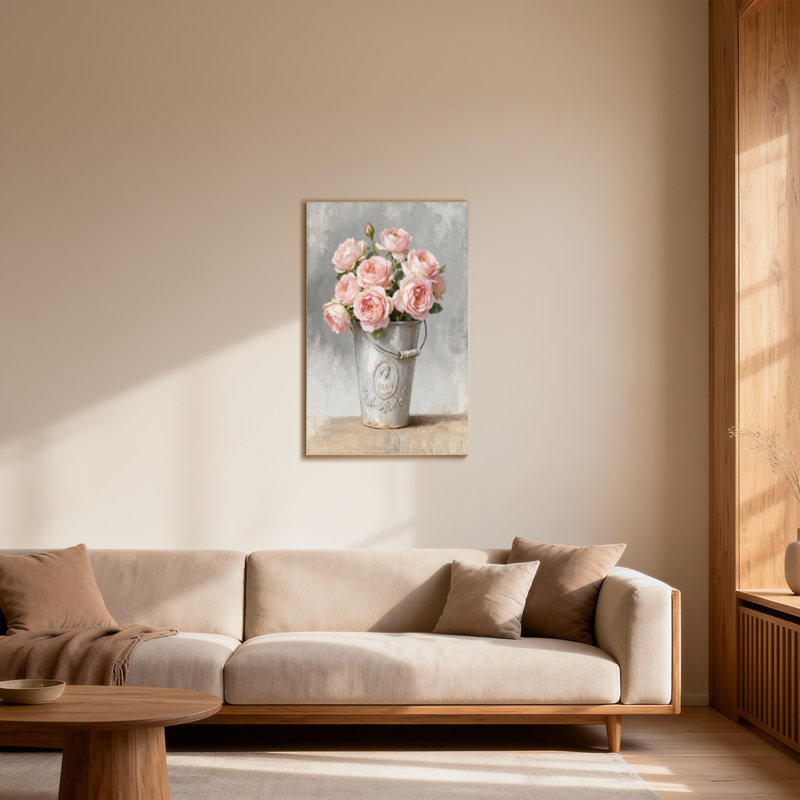 Plantes et fleurs roses dans un seau rétro sur toile, H 40 po x l 28 po