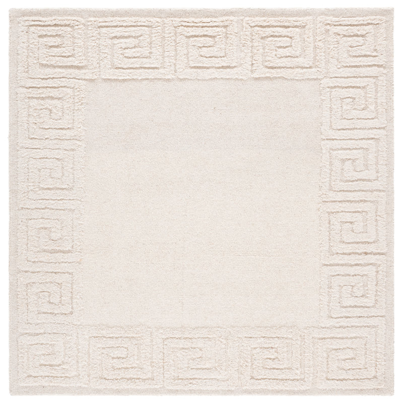 Dreshon Hand Tufted Wool/Cotton Greek Key Border Rug in Ivory, Square 6'