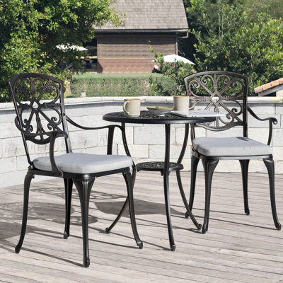 3-piece Outdoor Bistro Set With Cushions, Round 24 Inch Cast Aluminum Round Table With 1.77" Umbrella Hole And 2 Cast Aluminum Armchairs With Cushions, Black With Gold-painted Edge