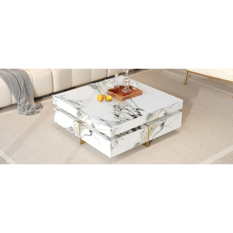 Table basse moderne carrée texturée en marbre avec 4 tiroirs et base suspendue, blanc, 43,3 po