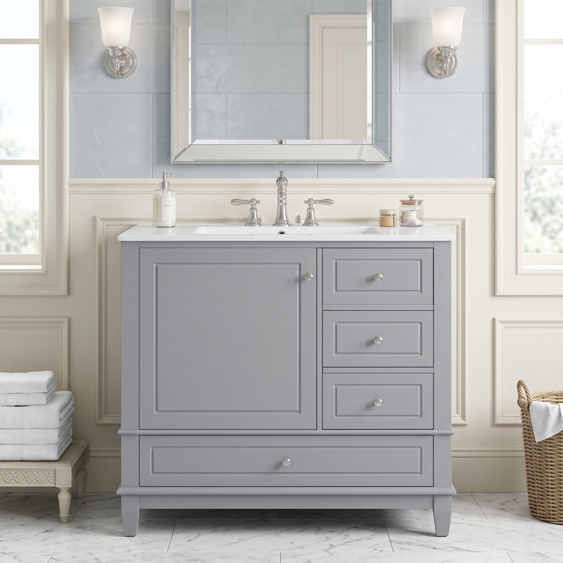 Meuble-lavabo autoportant de 91 cm (36 po) en bois massif et MDF gris avec lavabo en céramique intégré et rangement, Gris