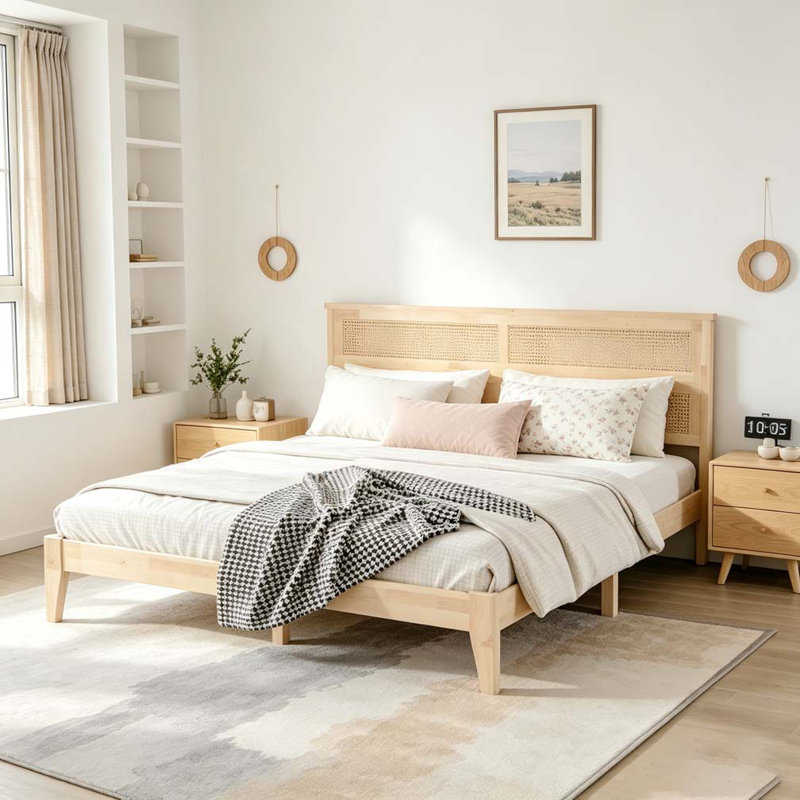Solid Wooden Bed with Rattan Headboard, Natural, King