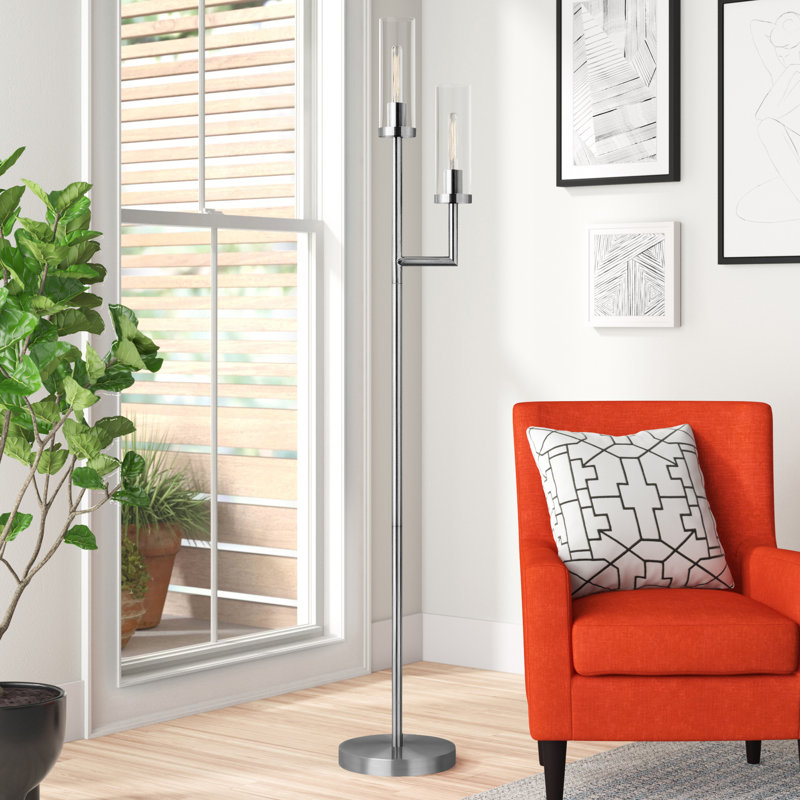 Basso 2-Light Torchiere Floor Lamp with Glass Shade in Polished Nickel/Clear, Polished Nickel