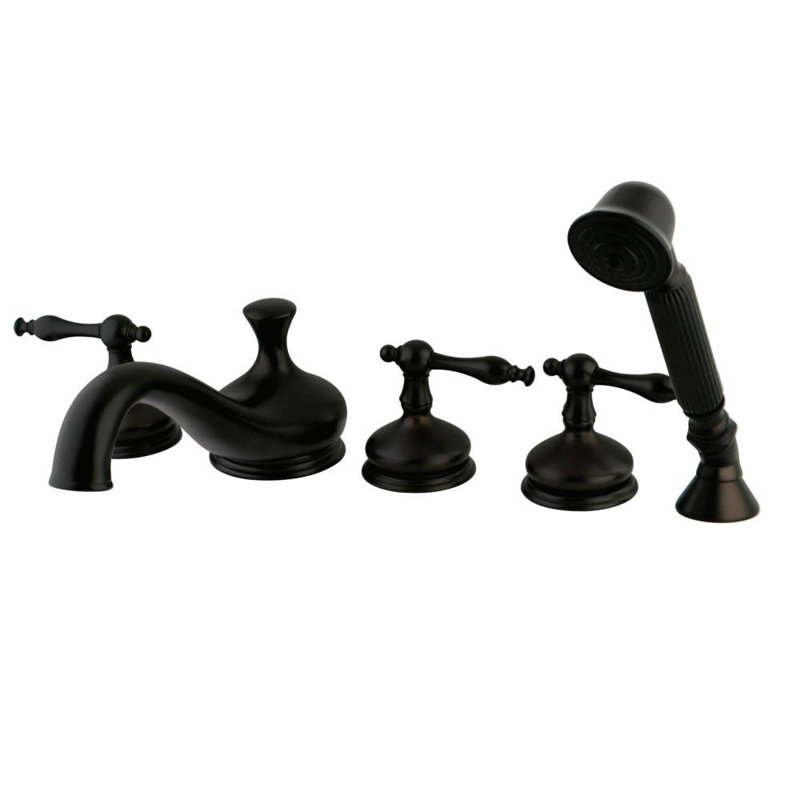 Kingston Brass Roman Three-Handle 5-Hole Deck Mount Roman Tub Faucet with Hand Shower, Oil Rubbed Bronze
