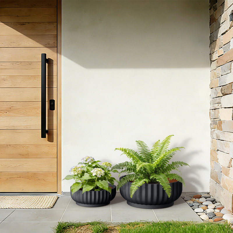 21 in. Large Matte Black(Upgraded Interior) Concrete Round Planter / Pot Ribbed Design Planter Bowl with Drainage Hole