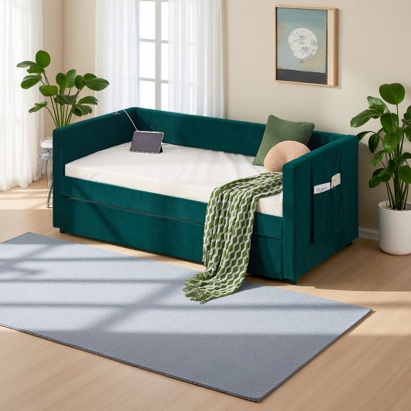 Twin Size Upholstered Daybed With Trundle,USB Port ,Side Pockets, Modern V-Grained Backrest Design,No Box Spring Needed, For Bedroom, Guest Room