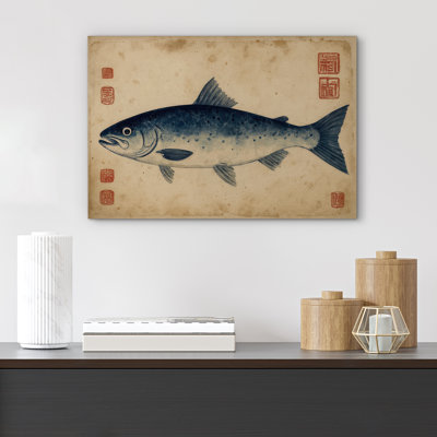 «Classic Blue Fish with on Aged fond», reproduction d'art sur toile encadrée