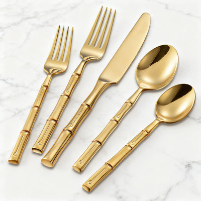 Gold Stainless Steel Flatware Set With Bamboo Handle 60-Piece Cutlery Set Mirror Polished For Home Kitchen Restaurant Wedding Service For 12