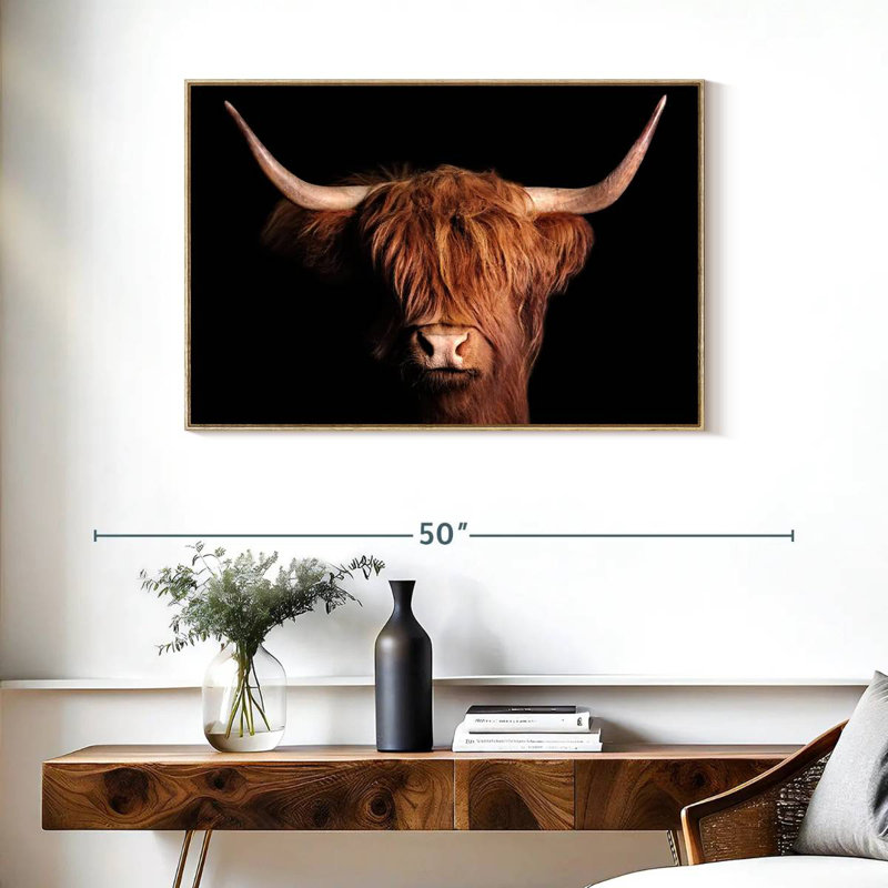 Vache écossaise Highland, Cadre flottant en bois naturel, 37 po x 25 po